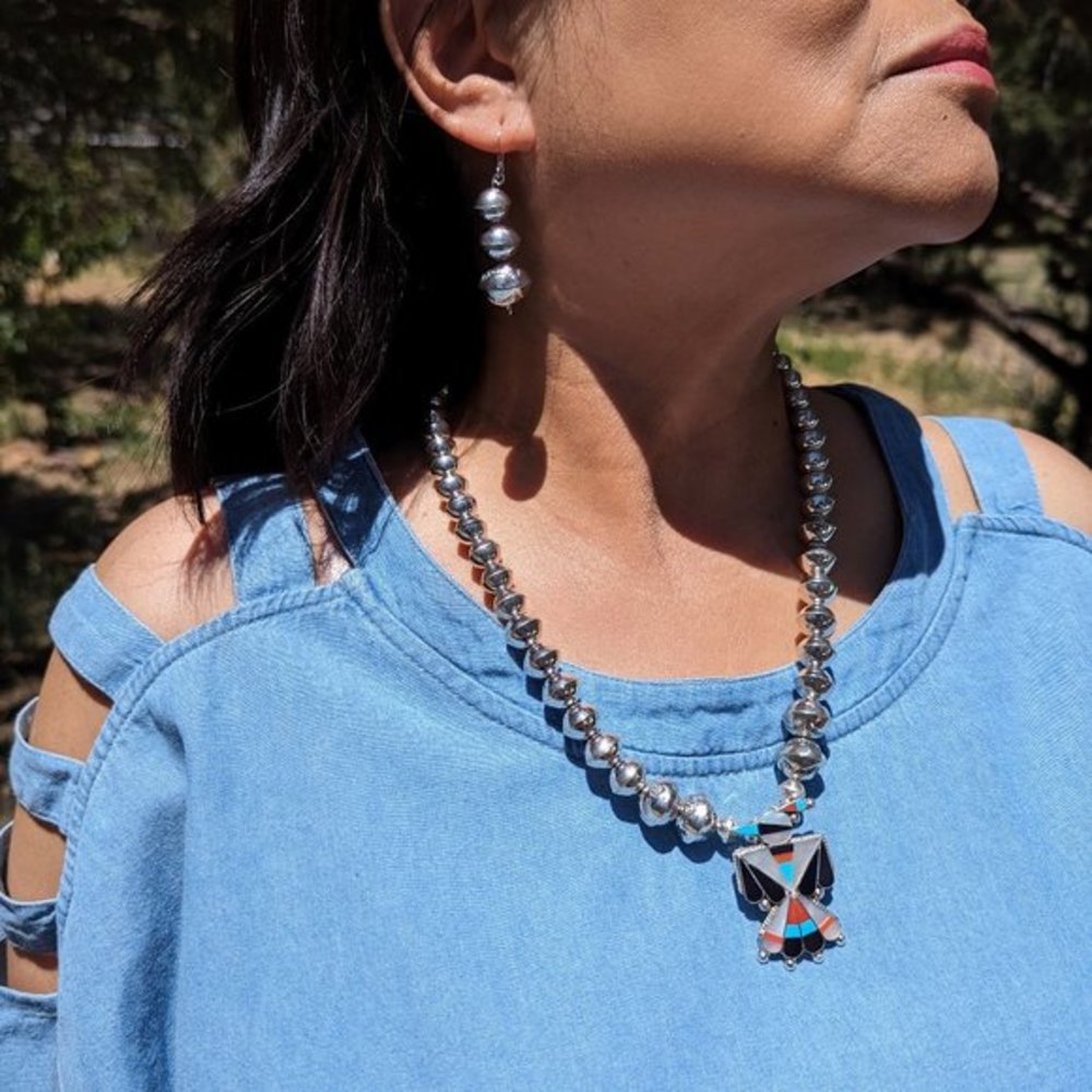 Navajo Jewelry Necklace Earrings Set Sterling Silver Beads Thunderbird Pendant *